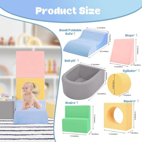 Toddler Climbing Toys Indoor, Baby Foam Climbing Blocks with Ball Pit for 1-3 Years Old, 6-Piece Soft Play Set Climbing Blocks, Climb Crawl Activity Play, Birthday (Balls not Included)