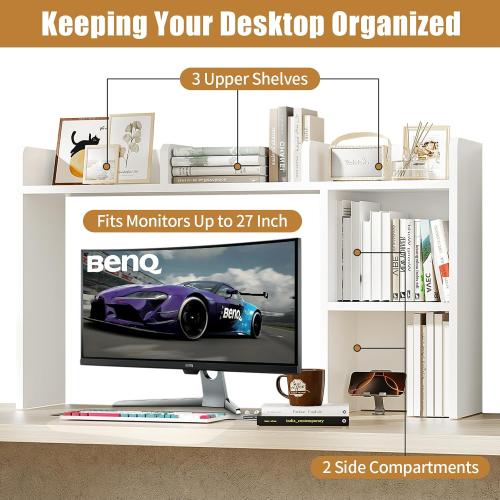 AQQHSAIN Desk Storage Hutch Wooden Desktop Bookshelf Multipurpose Desktop Bookshelf Storage Organizer Countertop Storage Hutch for Computer Desk Book Storage for Dorm Office Home (White)