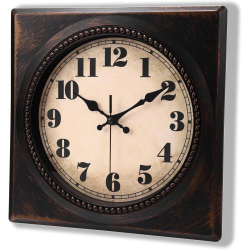 Wall Clock Vintage 1950s Style - Square Retro 12 Inch Wall Clocks Battery Operated for Kitchen Home Decor,Bronze