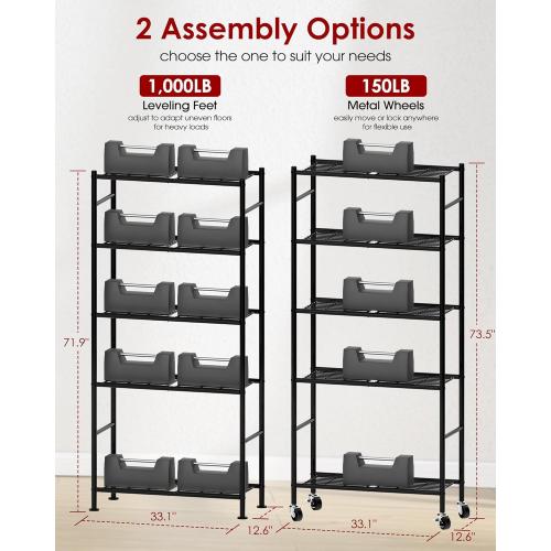 Sakugi Storage Shelves Organizer - 5 Tier Metal Shelf Organizer with Metal Wheels and Adjustable Leveling Feet, Heavy Duty Garage Shelving for Kitchen, Pantry and Closet, 33.1x12.6x73.5, Black