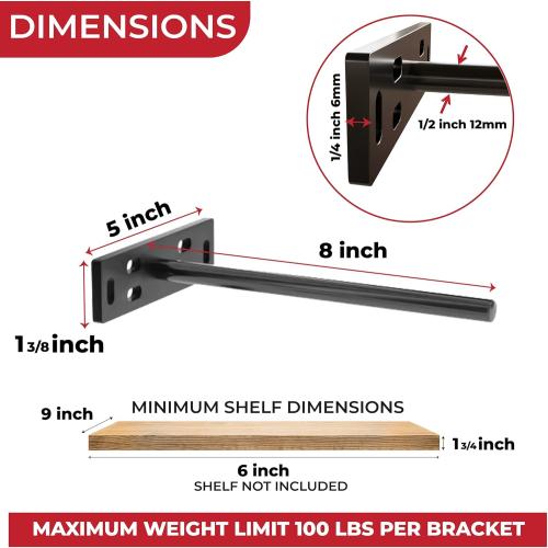 Set of 4 Size 5x1 3/8x 8 Floating Shelf Brackets Heavy Duty (1/4 inch Thick Baseplate) Painted Black Mild Steel/ Bracket for Hidden Wall Shelves Support Hardware Mount Kitchen/Nursery Decor (8 inch Rods)