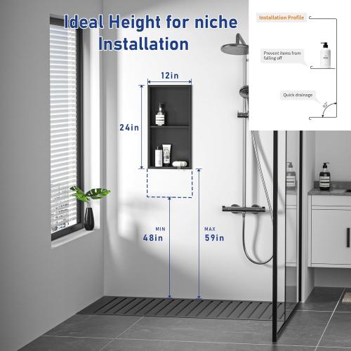 Stainless Steel Shower Niche Matte Black 24 X 12 W/ 2-Tier Shelf | Recessed shower niche no tile needed,space-saving,vertical niche, built in bathroom niche shower for shampoo & soap storage
