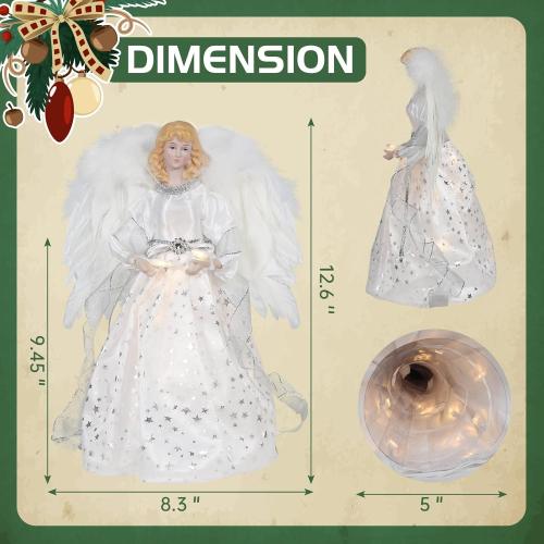 Angel Christmas Tree Topper, 12.6 White Angel Treetopper, 10-Light Angel Tree Topper with Wings, Indoor Christmas Decors, Xmas Home Ornaments (White)
