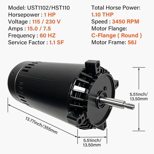 UST1102 1 Hp Up-Rated Swimming Pool Pump Motor Replacement for Century, A.O. Smith, Hayward, Super II, 115/230V Pool Motor with Seal Kit Replace Super Pump SP2607X10 56J Frame, 3450RPM, Max-Flow Pump