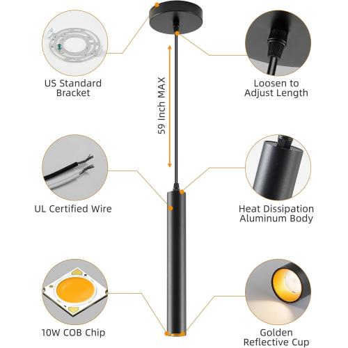 Modern LED Pendant Light, 10W Dimmable Ceiling Hanging Spotlight Fixture Black Minimalist Aluminum Pendant Lighting for Kitchen Island, Bar Counter, Bedroom, 4000K, ETL Listed, Pack of 1