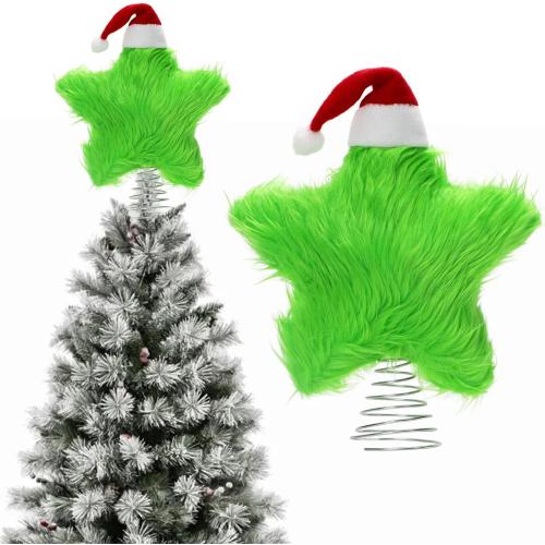 Plush Star Tree Topper with Santa Hat Furry Star Treetop Christmas Tree Toppers Ornaments Xmas Home Holiday Decoration 9 (Green)