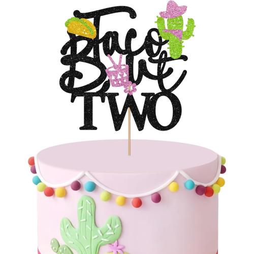 Taco Bout Two Cake Topper, Fiesta 2nd Birthday Cake Decor, Black Glitter Cactus 2 Years Old Cake Topper for Girl, Mexican Fiesta 2nd Birthday Party Decoration