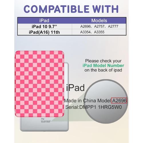 for iPad A16 Case - for iPad 10th Generation Case 10.9 Inch Women Girls Cute Girly Teens Kids Pretty Checkered Unique Aesthetic Rotating Stand Folio Tablet Cover for Apple 10/11 2025
