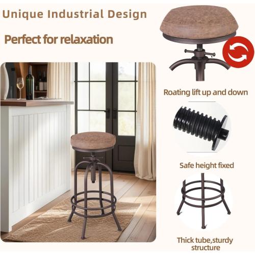 Diwhy Industrial Bar Stool-26-32 Inch Adjustable Swivel Metal PU Leather Seat Stool Bar Height Bar Stool with Footrest-for Kitchen, Dining Side Chair, Pub, Bistro, Set of 2, Copper