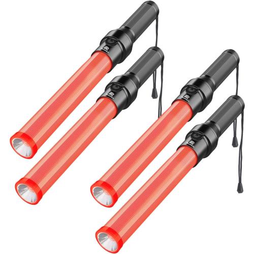 RoadHero 4 Pack Traffic Batons, 16 Inch LED Traffic Control Batons, Night Safety Light Wands with 3 Flashing Modes, Air Marshaling Signal Wand Plus White LED on Tip for Airport, Parking, Car Directing