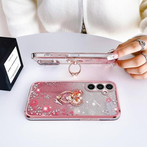for Galaxy S23-FE Case, Samsung S23 FE Phone Case TPU Crystal Butterfly Heart Floral for Women Magnetic Shockproof with Kickstand [Glitter Card & Strap] Protection Cover for S23 FE 5G (Glitter Rose)