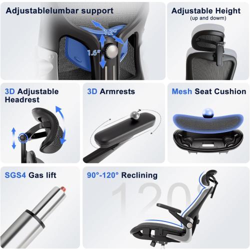 Ergonomic Office Chair，Mesh Seat Cushion with 3D Armrests and 3D Headrest, Adjustable Lumbar Support with Rocking Function, SGS Class 4 Gas Clylinder，Black