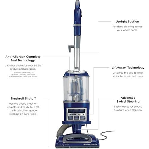 Shark Upright Vacuum, Navigator Lift-Away Deluxe with Large Dust Cup Capacity, HEPA Filter, Swivel Steering, Upholstery Tool & Crevice Tool, Blue, NV360