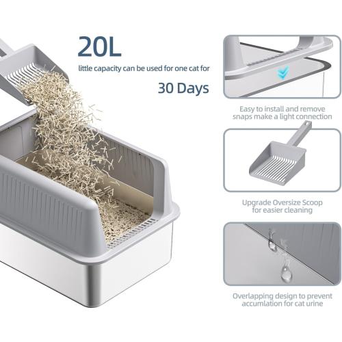 Stainless Steel Cat Litter Box with Lid,XL,19.7”L x 13.8”W x 11.8”H Deep,Metal Litter Box with High Side,for Small and Large Cats,with a Scoop and Scoop Storage Box Litter Mat Double,Easy Cleaning
