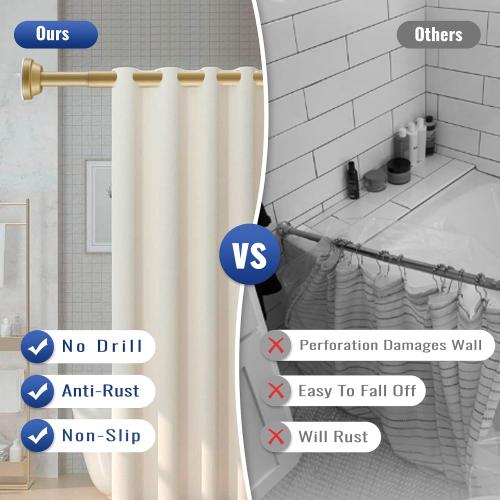 Shower Curtain Rod, 40 to 74 Inch Gold Tension No Drill Adjustable Heavy Duty Bathroom Shower Spring Rod, No Drilling Curtain Rods for Bathroom, Anti-Slip
