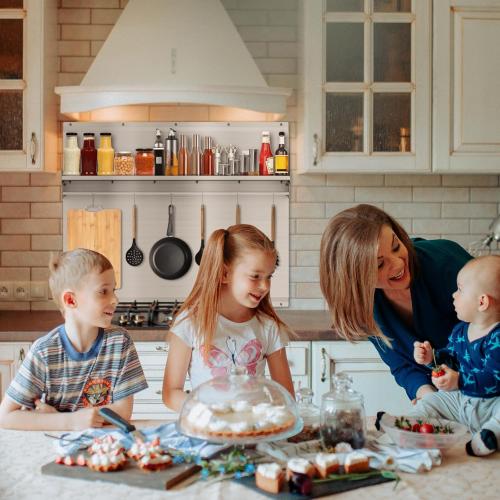 Size 30x24 Stainless Steel Backsplash for Stove & Hood, Stove Backsplash with Storage Shelf & Hanging Rack, Easy-Clean Kitchen Wall Splash Guard & Protector