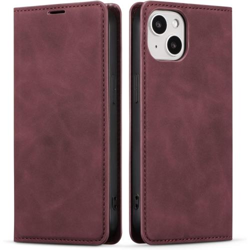 QLTYPRI Case for iPhone 13, Premium PU Leather Cover TPU Bumper with Card Holder Kickstand Hidden Magnetic Adsorption Flip Wallet Case for iPhone 13(6.1 inch) - Wine Red