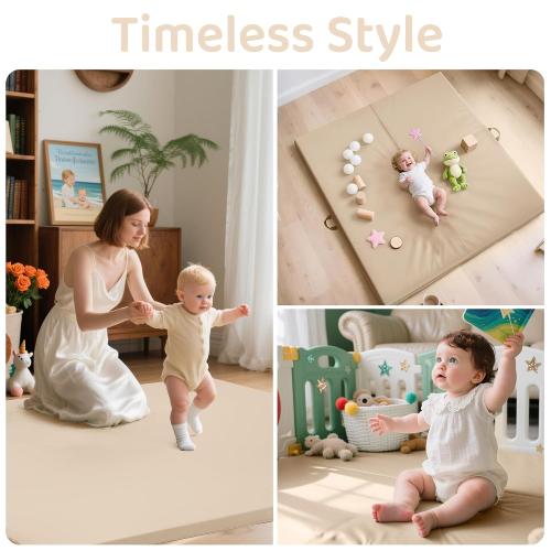 Beige Bella’s Friends Foldable Baby Play Mat for Floor, 47x47 Vegan Leather Playpen Mat, 1.5 Extra Thick Foam, Non-Toxic, Wipe-Clean, Travel-Ready, Non-Slip Crawling Mat for Kids Toddlers&Infants, Beige