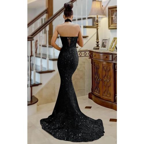 Size M...Hjindpr Halter Sequin Prom Dresses for Women 2026 Mermaid Sparkly Backless Long Formal Evening Party Ball Gowns with Slit