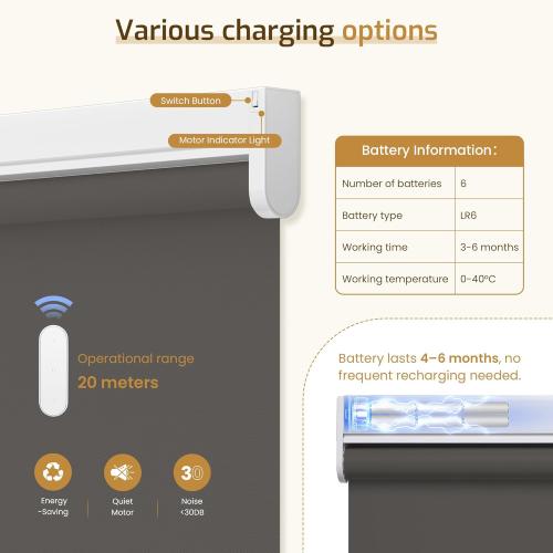 Grandekor Motorized Roller Shade with Remote Control, Motorized Blinds100% Blackout Electric Shades, Cordless Window Blinds Shades for Bedroom Living Room Office,Dark Grey,