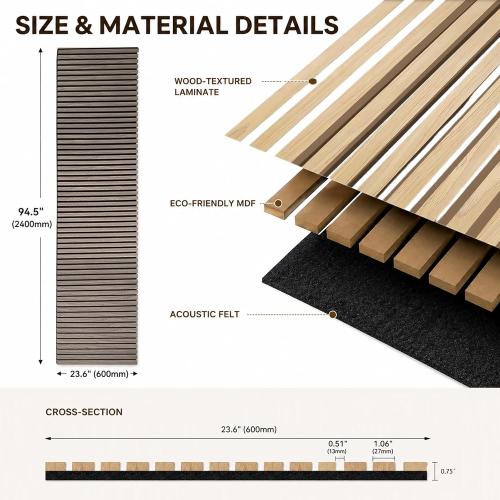 Acoustic Wood Panels for Wall,3D Flexible Fluted Sound Slat Panel,White Oak | Soundproof ,Absorbing,Noise Cancelling,94.5 x 23.6in