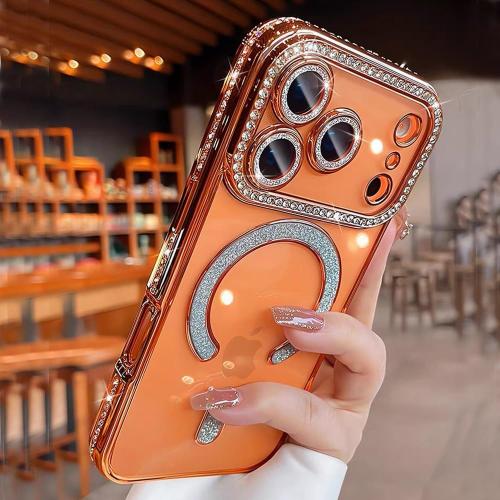 QSIETSPY Magnetic Case for iPhone 17 Pro Max 6.9[Compatible with MagSafe] with Sparkle Diamond Camera Protection Shockproof Clear Cute Glitter Bling Phone Case for iPhone 17 ProMax,Orange