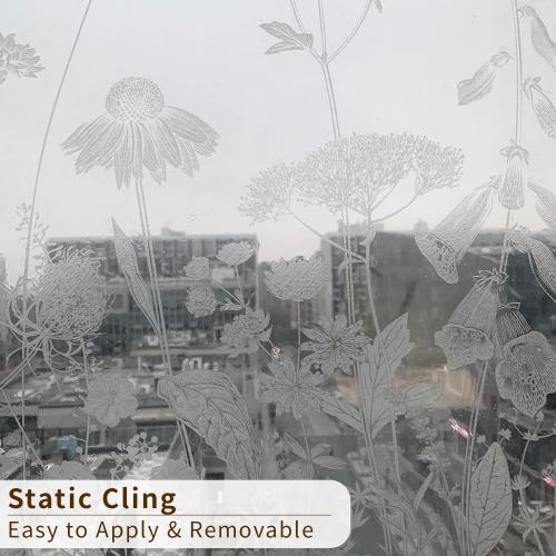 Botanical Etched Glass Transparent Window Film Decorative Glass Window Decor, Thickened Floral White Frost Decorative Window Film, Daisy and Wildflower 22.83X47.24