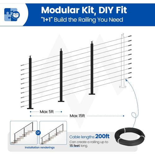 Muzata Size  10-15FT Modular Black Cable Railing Kit 36 Inch 3 Stair Post Kit Complete Set Cable Railing System for Stairs Length Adjustable Easy DIY with Paper User Guide (No Handrail) RWS1 BA4S