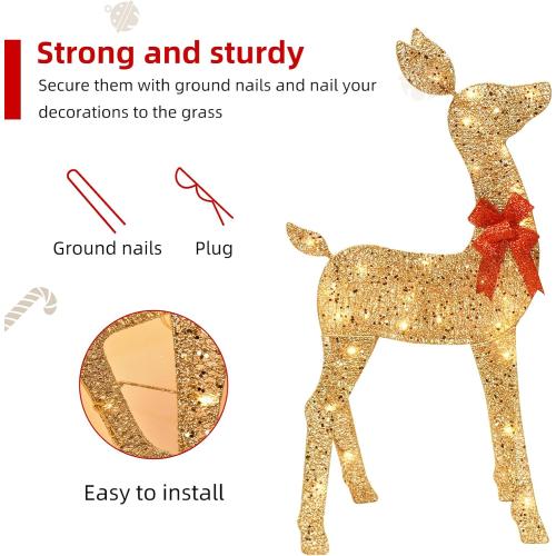 HOYECHI 5 FT Oversized Christmas Decorations Outdoor Lighted Reindeer – 3-Piece 2D Deer Family Set with 160 Warm White LED Lights for Yard, Lawn, Garden & Porch Holiday Display - Gold