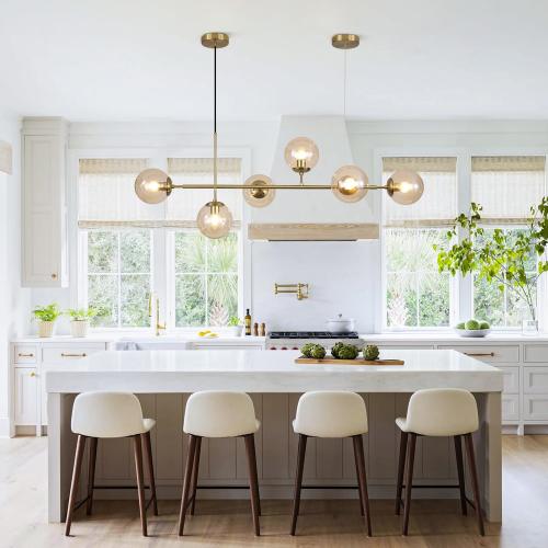 KCO Lighting Globe Linear Chandelier 6 Light Amber Glass Pendant Light Fixture Gold Kitchen Island Lighting Long Brass Sputnik Chandelier Dining Room Light Fixtures Over Table