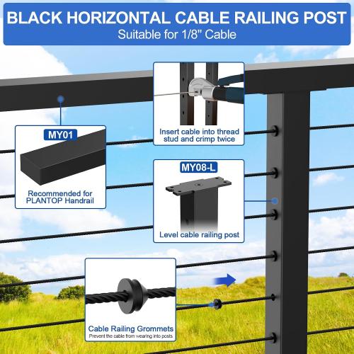 BLACK 4-12ft Complete Set 36 Cable Railing Post Kits, Stainless Steel Black Level Drilled Line Posts(35x2x2)4 Pack, 1/8 Wire Rope with Cutter(No Handrail), Swageless Deck Cable Railing, MY07-LP