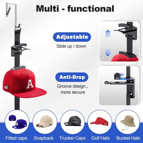 Hat Rack for Door - Two-Way Hanging Caps with Display Hooks and Hanger, Hat Organizer for Baseball Caps, Over the Door Hat Storage Organizer for Bedroom, Entrance or Garage Doors - 1 Pack *** Silver***