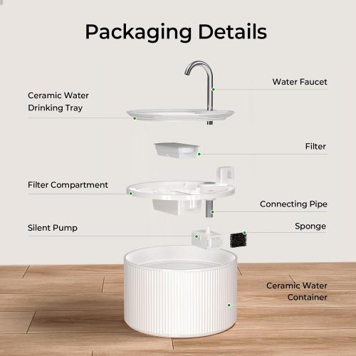 White Voluas Ceramic Cat Water Fountain, 2.2L/74oz Cat Fountains for Drinking Indoor, Automatic Pet Water Dispenser with Ultra-Quiet Pump and Replacement Filter, Kitty Watering Supplies, Easy Clean BPA-Free