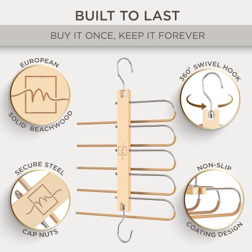 MORALVE Pants Hangers Space Saving - 2 Pack European Beechwood Scarf and Jean Hangers - Closet Organizer and Space Saver Pant Rack, Leggings Hanger, and Scarf Holder with 360° Swivel Hook