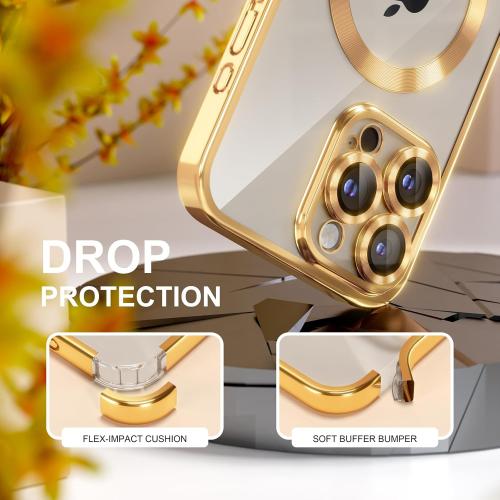 Size iPhone 15 Pro Max Color Gold Misea Magnetic for iPhone 15 Pro Max Case with MagSafe [Never Yellowing] [Military Grade Drop Protection] Full Camera Lens Protector Plating Soft Clear Phone Case for Women Girls, Gold