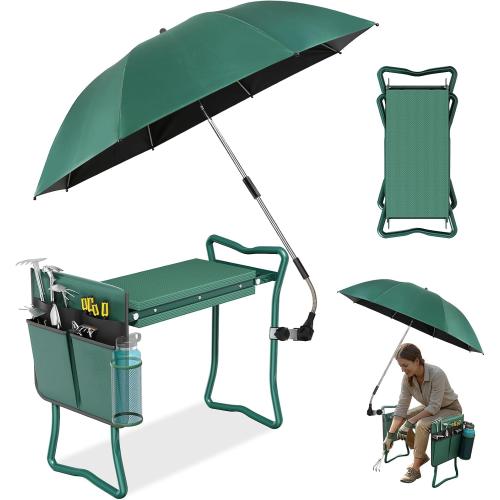 2-in-1 Garden Kneeler with Umbrella, Garden Kneeling Bench & Green Umbrella, Portable Garden Stool Loads Capacity 330lb and Garden Tools Bag with bottle holder, Gardening Gifts for Women,Men,Seniors