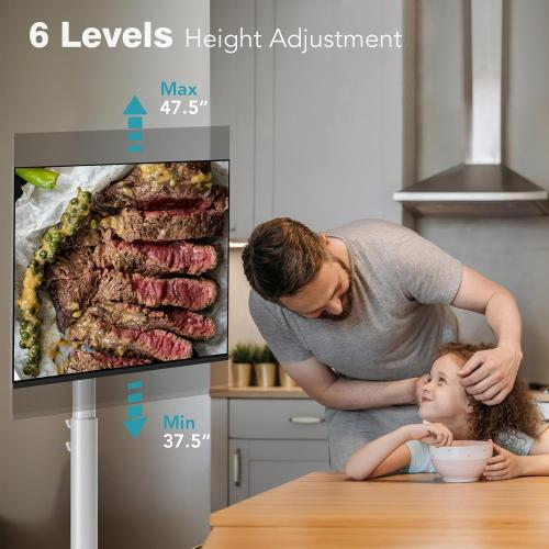 Size 27-65 Inch Floor Mobile TV Stand with Power Outlet, Rolling TV Cart for 27-65 Inch OLED LED Monitors, 6 Levels of Height Adjustment, Ambient Lighting on The Bottom Wheels Holds up to 88lbs, 400x400mm