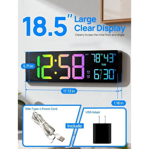 18.5 Large Digital Wall Clock, Big LED Digital Clocks, Remote, RGB Display