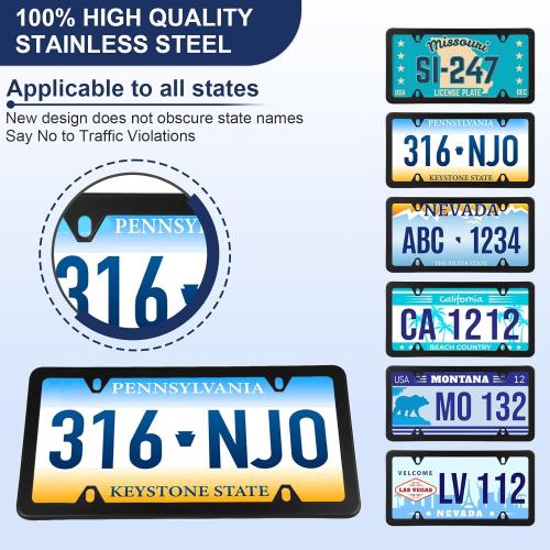 4 Pack Black License Plate Frames, Stainless Steel License Plate Cover, Matte License Plate Holder Car Accessories with Screw Caps (4 Holes)
