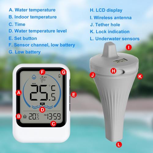 Pool Thermometer with Temperature Sensor for Pool Fish Tank Bathtub Swimming Pool 12/24-Hour Time Format Record Highest Lowest Outdoor Temperature℃/℉ switchable