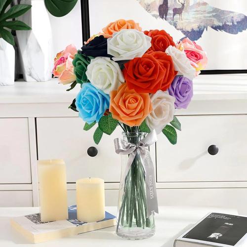 [25PCS] Navy Blue Roses Artificial Flowers with Long Stem Real Touch Fake Foam Roses for Decoration DIY Wedding Bouquets Centerpieces Bridal Shower Flower Arrangements Home Decor