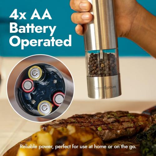 Electric Salt & Pepper Grinder Set – Battery Operated Stainless-Steel Mills & Shakers with Light, Adjustable Ceramic Grinders & Acrylic Rest Tray