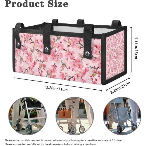 Walker Basket Under Seat Rollator Storage Bag, Reusable Basket for Walkers for Seniors Detachable Folding Walker Accessories- Bird Flowers