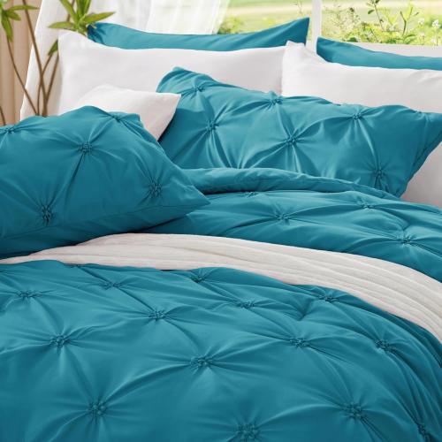 BEDELITE Teal King Size Comforter Set - 3 Pieces Boho Pintuck Bedding Comforter Sets, Lightweight Soft & Warm King Bedding Set with 2 Pillowcases for All Season