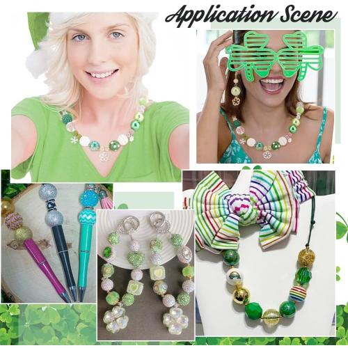 PH PandaHall 58pcs Green Bubblegum Beads, 20mm Acrylic Chunk Beads Focal Bead 9 Style Pen Bead for Spring Necklace Bracelet Keychain Jewelry Making Holiday