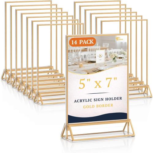 EHWINE 14 Pack 5×7 Clear Acrylic Sign Holder with Gold Borders and Vertical Stand, Double Sided Table Menu Holders Picture Frames for Wedding Table Numbers, Restaurant Signs, Photos and Art Display