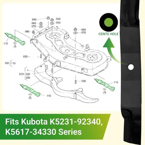 GJK 92-048 Replacement Heavy Duty Blades for 54 Kubota K5617-97530, K5617-97590 Series, 54 Inch Mower Blades, 3 Pack