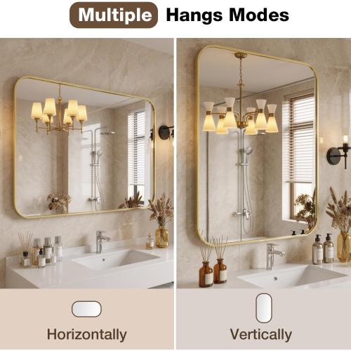 24x36 Inch Bathroom Mirrors for Over Sink, Brushed Gold Rectangle Mirror for Bathroom or Entryway, Wall Mounted Vanity Mirror with Aluminum Alloy Frame & Tempered Glass, Hangs Horizontally/Vertically