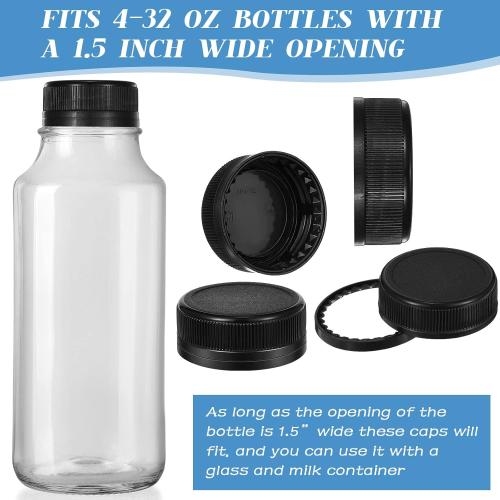 Rozer 50 Pcs Black Plastic Bottle Caps 38 mm for Empty Juice Bottles, Tamper Seal Lids Container Lids Bottle Caps for Crafts DIY, 4, 8, 12, 16, and 32 oz Container
