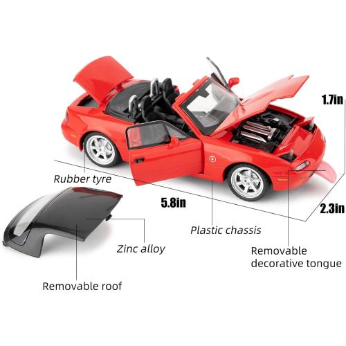 1/32 Mazda Miata MX-5 Alloy Model Car, Toy Car with Pullback, Removable Top, Blinking Lights, Toy Car with Sound and Bright Lights, Collectible Grade Gift for Kids (Red)